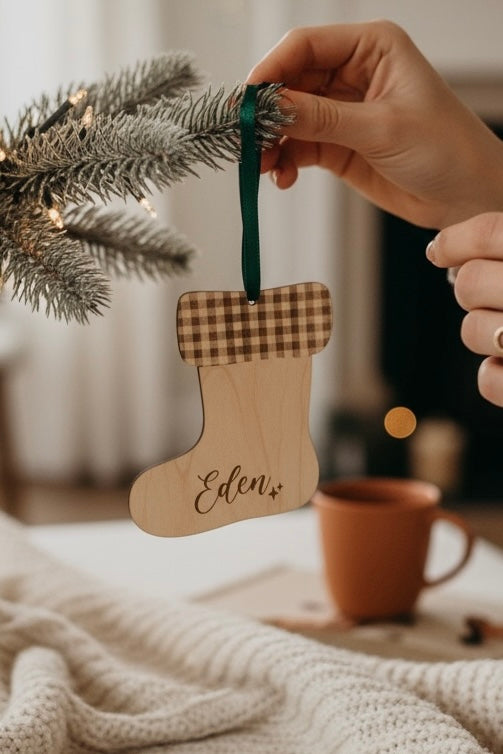 Chaussette de Noël personnalisée - Suspension sapin en bois