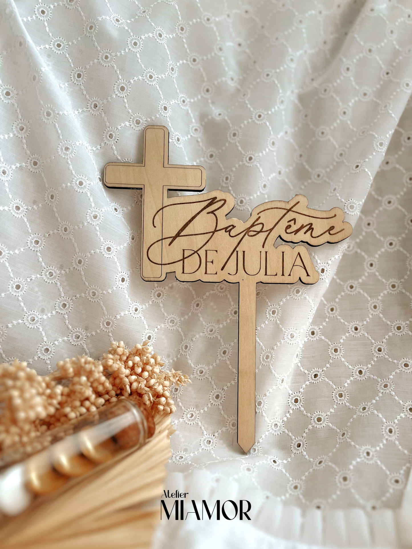Caketopper en bois baptême - Décoration gâteau personnalisé - Croix