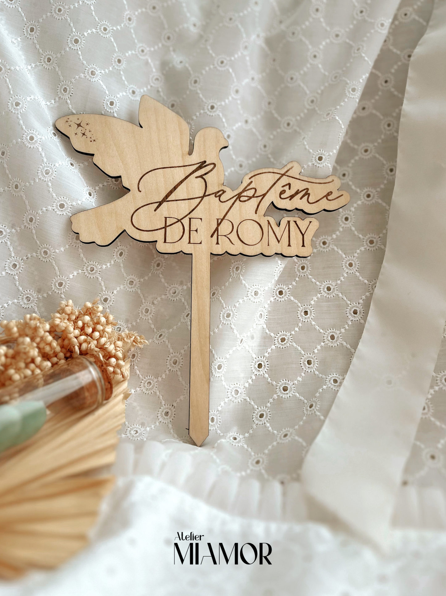Caketopper en bois baptême - Décoration gâteau personnalisé - Colombe