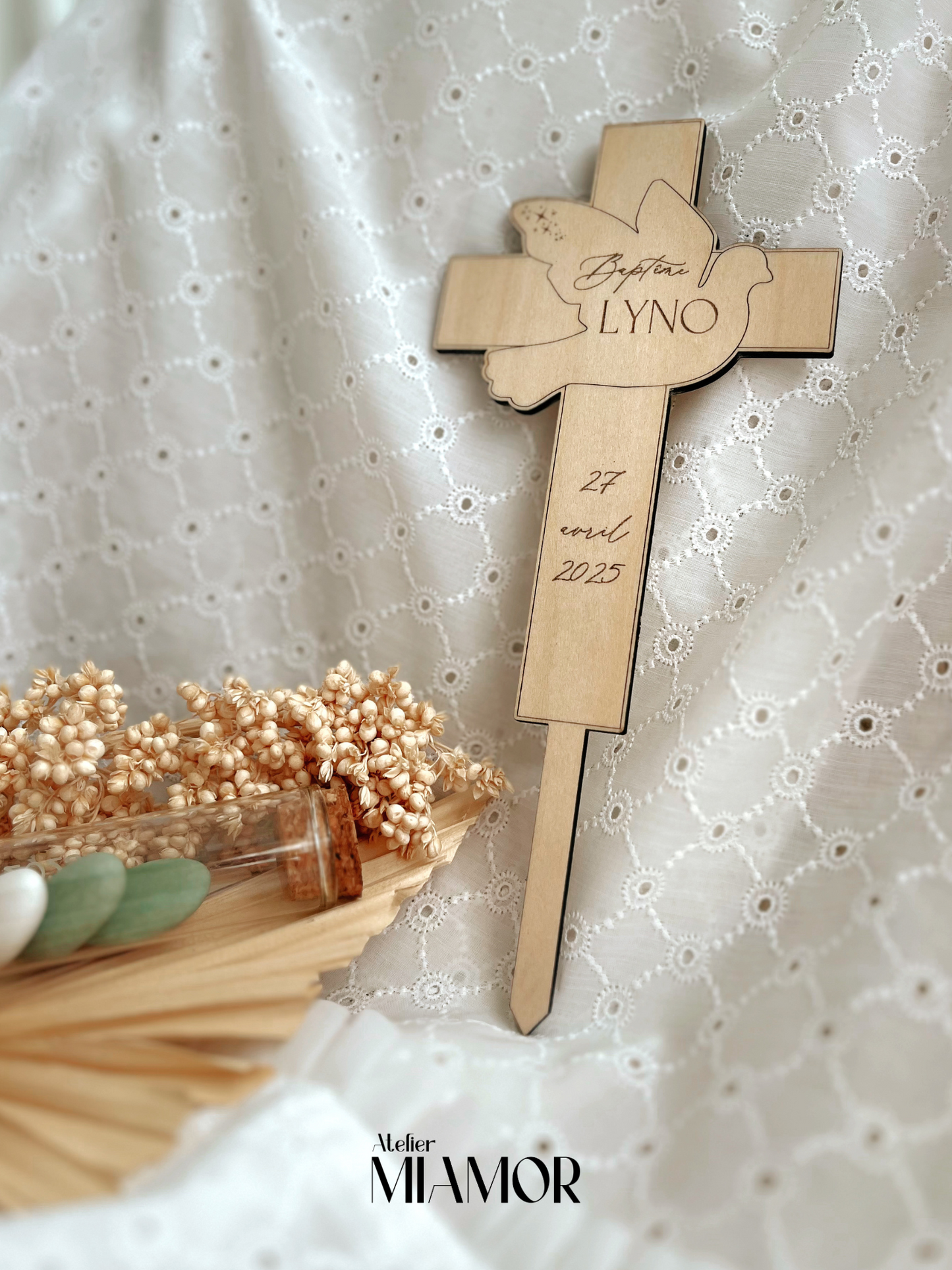 Caketopper en bois baptême - Décoration gâteau personnalisé - Croix et colombe