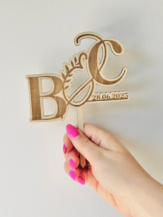 Caketopper initiales en bois mariage