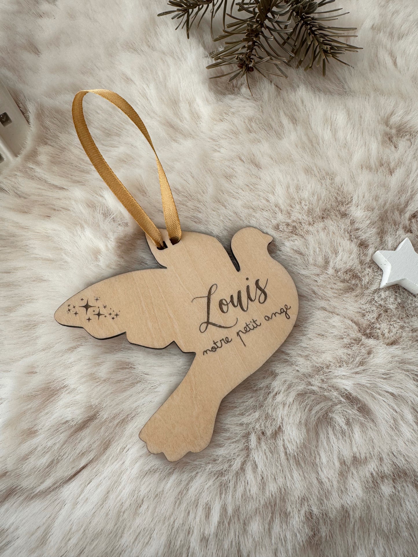 Colombe bébé ange personnalisé - Suspension sapin en bois