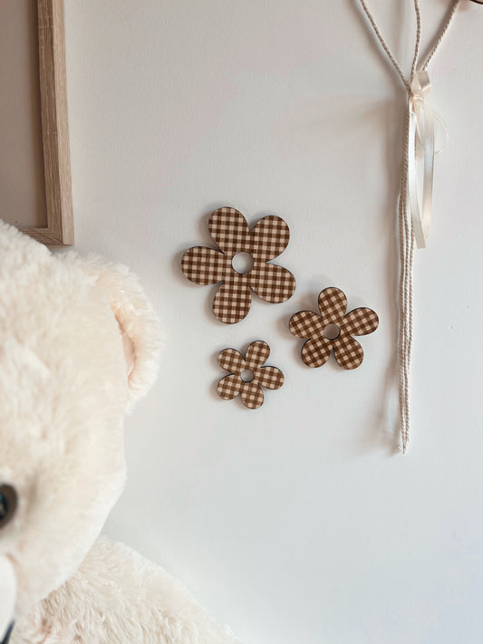 Trio de marguerites vichy en bois - Décoration murale