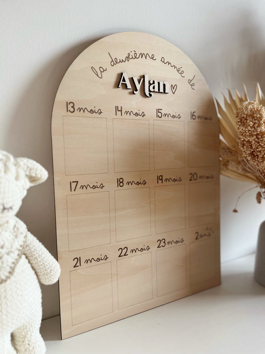 Panneau photo en bois personnalisé "Deuxième année" - 2 ans