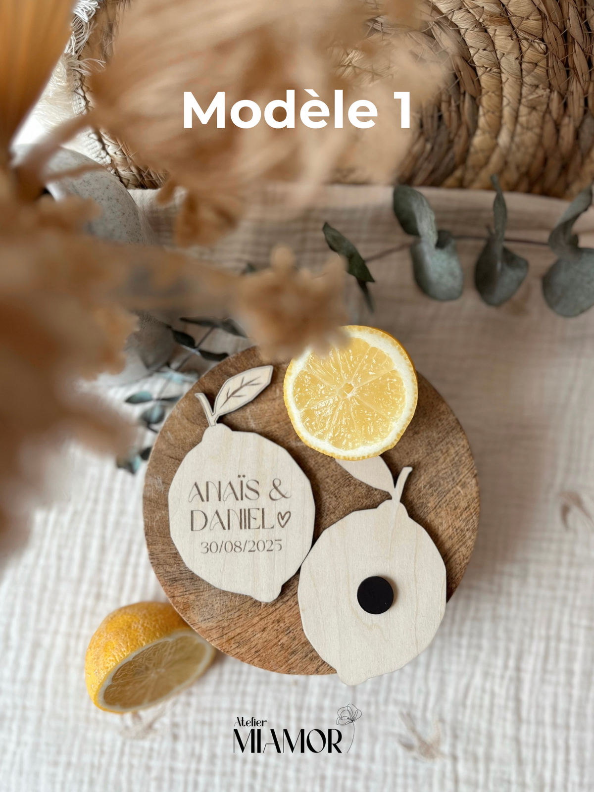 Magnet citron en bois personnalisé - Cadeau invités