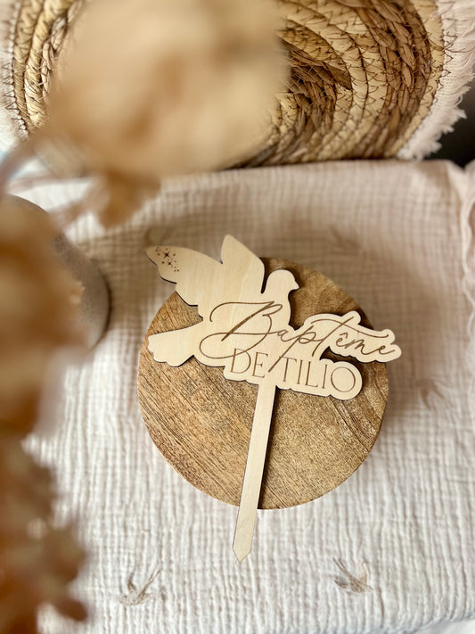 Caketopper en bois baptême - Décoration gâteau personnalisé - Colombe