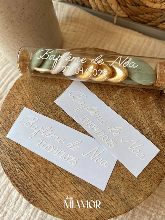 Sticker fiole dragées baptême