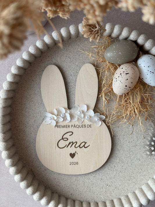 Lapin en bois "Premier Pâques” personnalisé - fleurs séchées