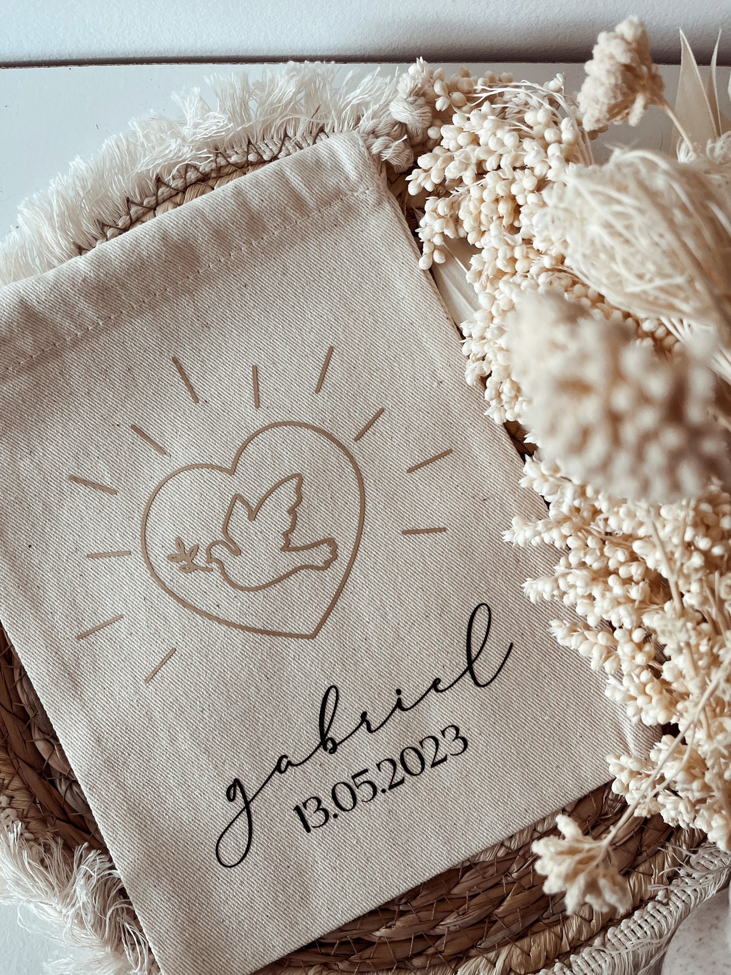 Sac pochon personnalisé pour Baptême - Colombe