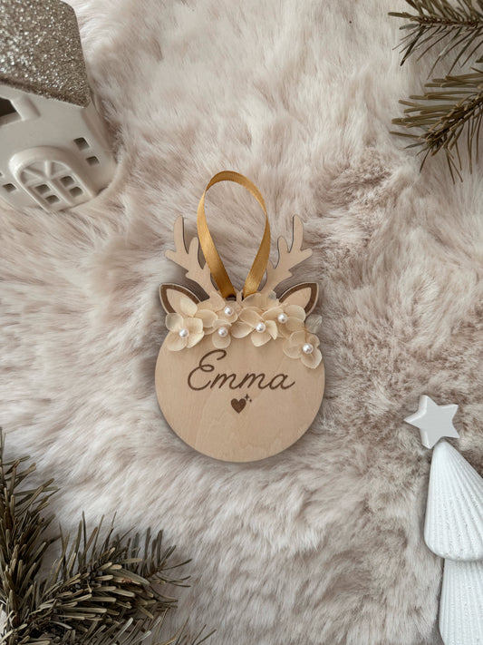 Renne de Noël personnalisé – Suspension sapin en bois avec fleurs séchées