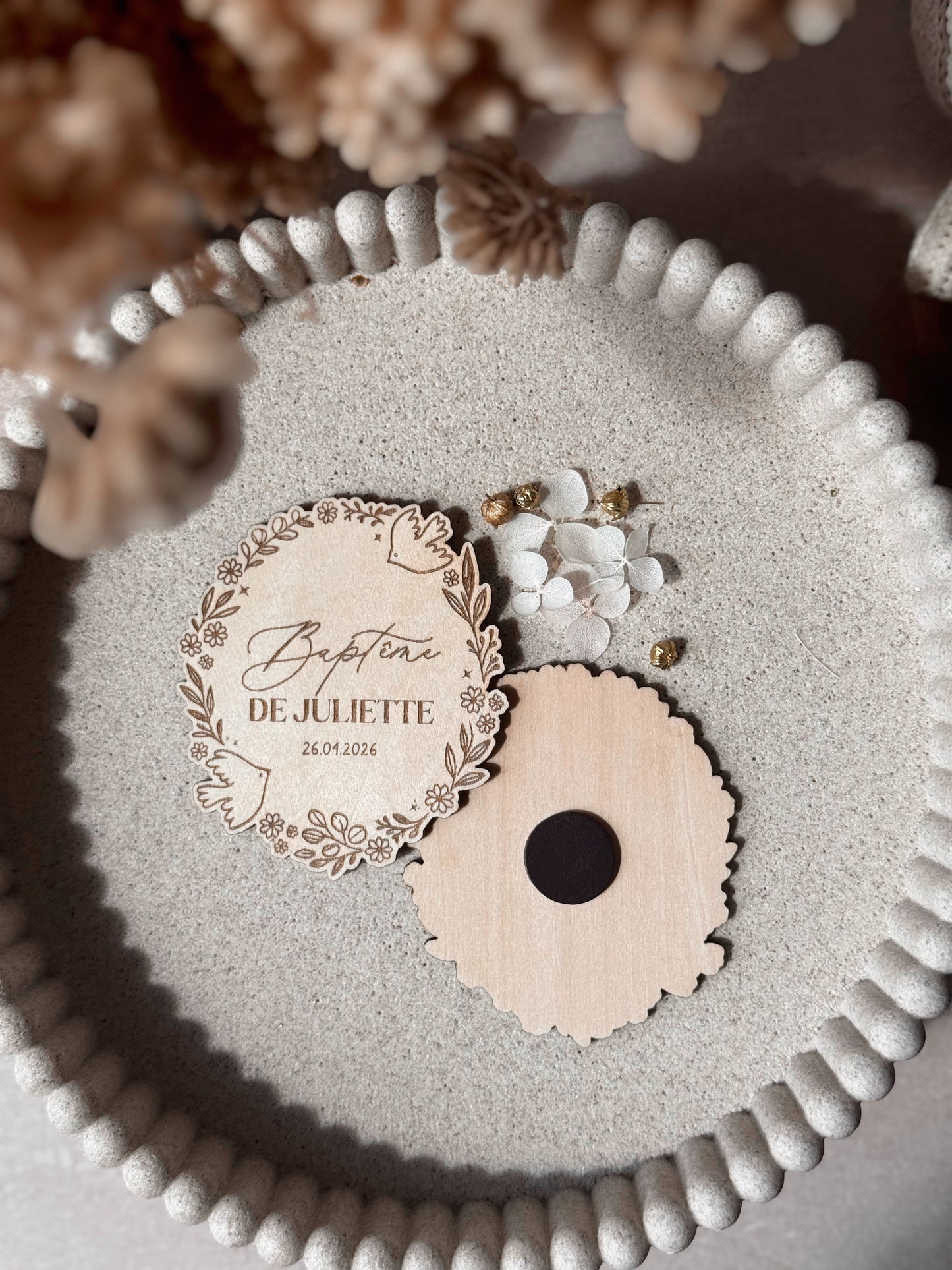 Magnet personnalisé baptême - Couronne fleurie