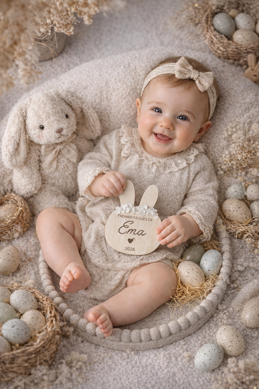 Lapin en bois "Premier Pâques” personnalisé - fleurs séchées