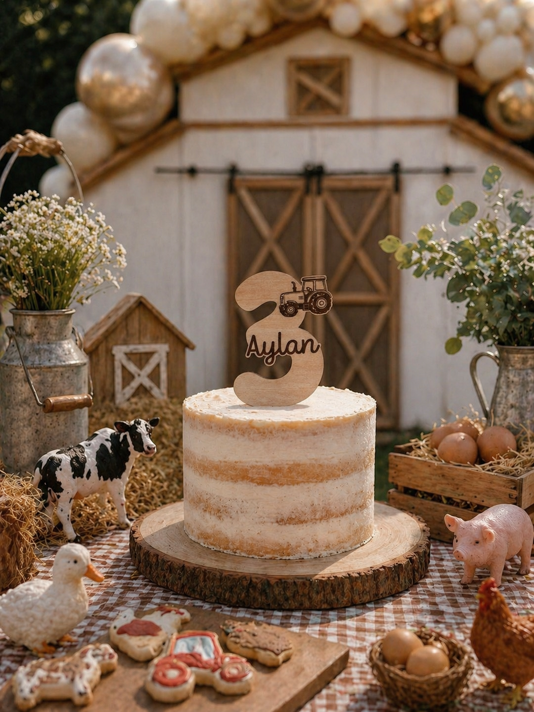 Cake topper personnalisé en bois - Thème ferme
