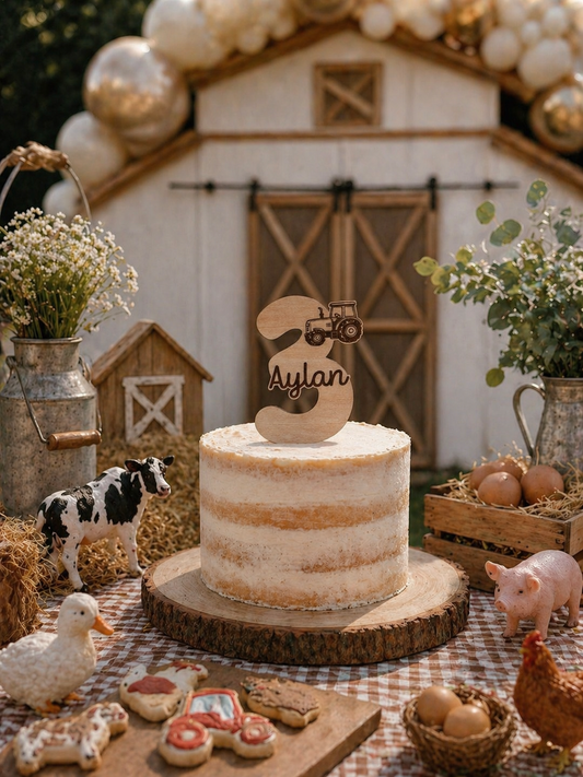 Cake topper personnalisé en bois - Thème ferme