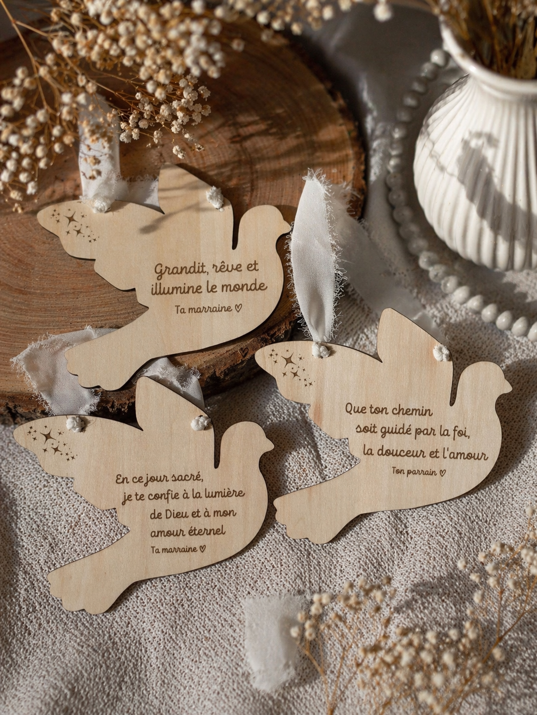 Colombe décorative de baptême - Cadeau parrain & marraine
