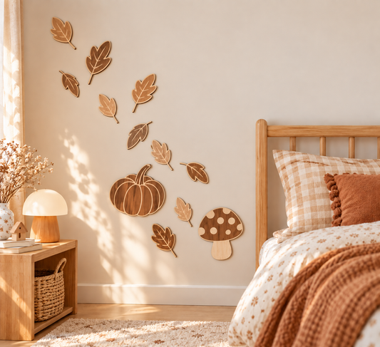 Décoration murale automne en bois | Feuilles, champignon & citrouille