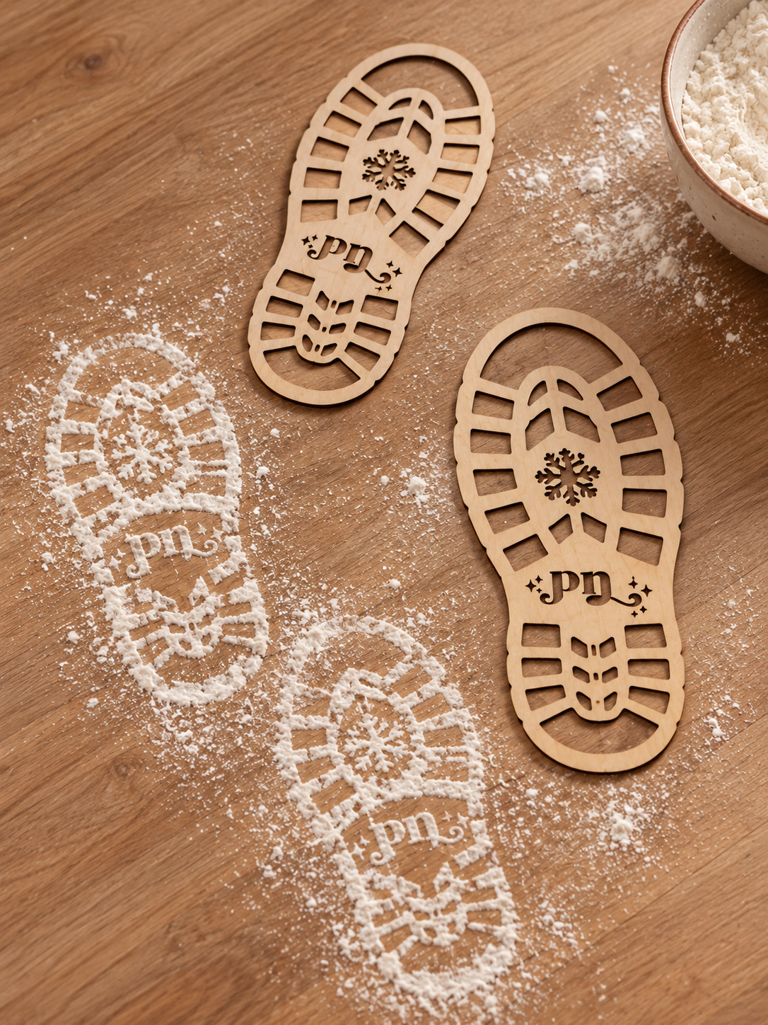 Pochoirs empreintes de bottes du Père Noël en bois