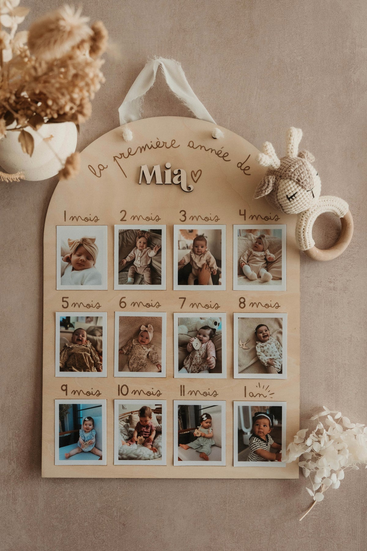 Panneau photo en bois personnalisé "Première année" - 1 an