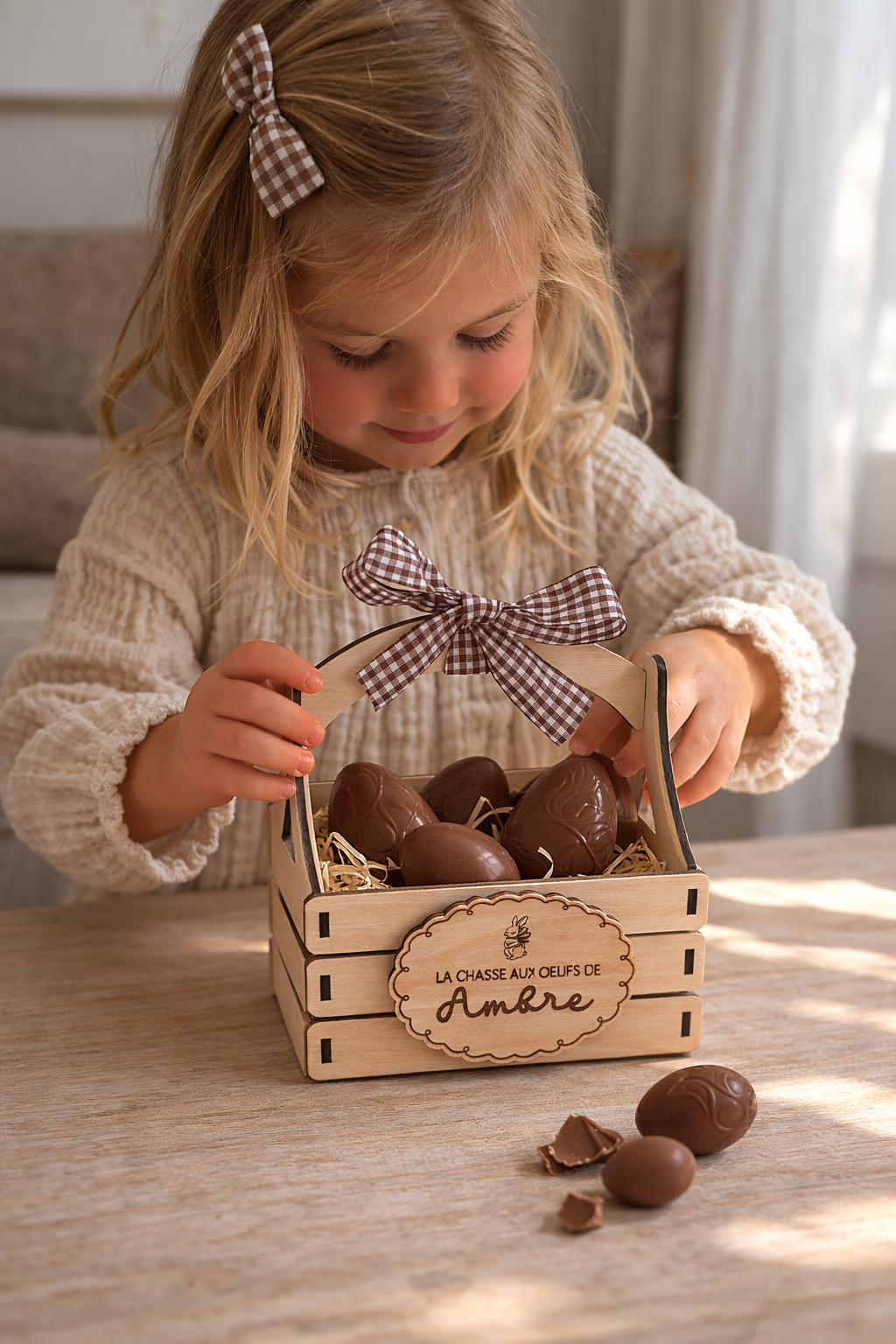 Panier chasse aux oeufs de Pâques personnalisé en bois