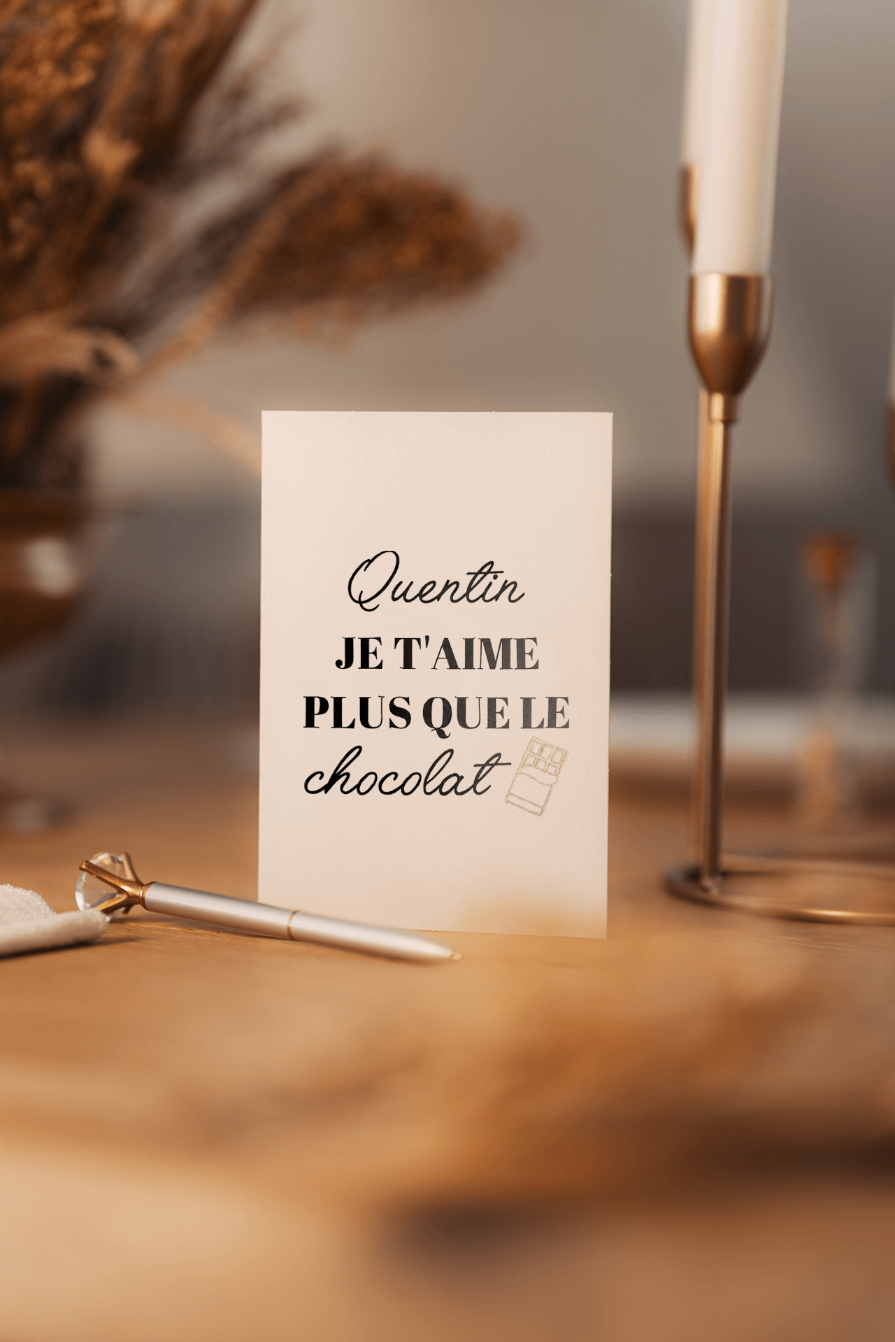 Carte personnalisée "Je t'aime plus que le chocolat" avec enveloppe